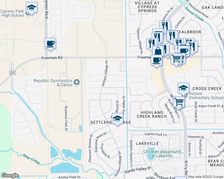 map of restaurants, bars, coffee shops, grocery stores, and more near 21035 Carmel Valley Drive in Katy
