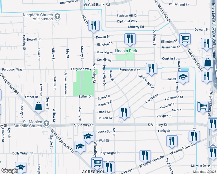 map of restaurants, bars, coffee shops, grocery stores, and more near 1015 Reverend B J Lewis Drive in Houston
