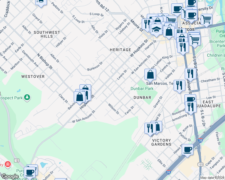 map of restaurants, bars, coffee shops, grocery stores, and more near 1104 West San Antonio Street in San Marcos