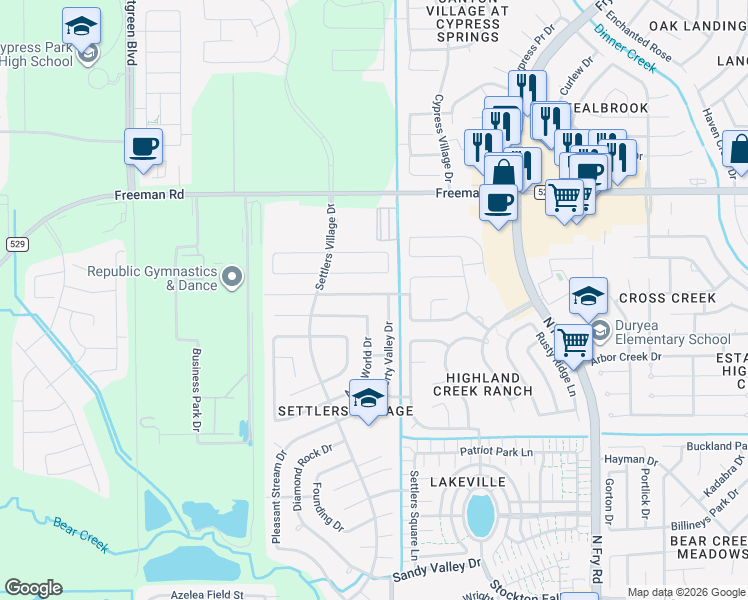 map of restaurants, bars, coffee shops, grocery stores, and more near 21011 Carmel Valley Drive in Katy