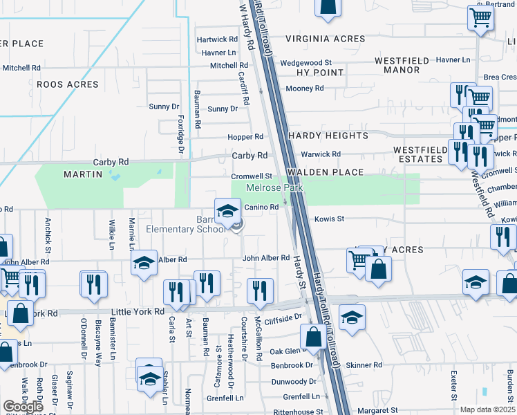 map of restaurants, bars, coffee shops, grocery stores, and more near 1000 Canino Road in Houston