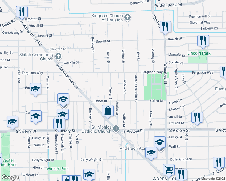 map of restaurants, bars, coffee shops, grocery stores, and more near 8202 Tower Street in Houston