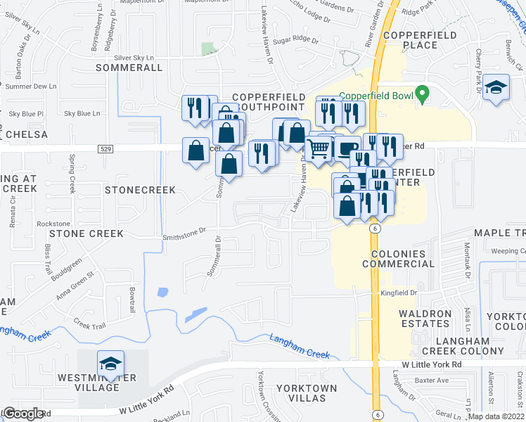 map of restaurants, bars, coffee shops, grocery stores, and more near 6833 Lakeview Haven Drive in Houston