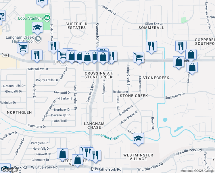 map of restaurants, bars, coffee shops, grocery stores, and more near 6810 Renata Circle in Houston