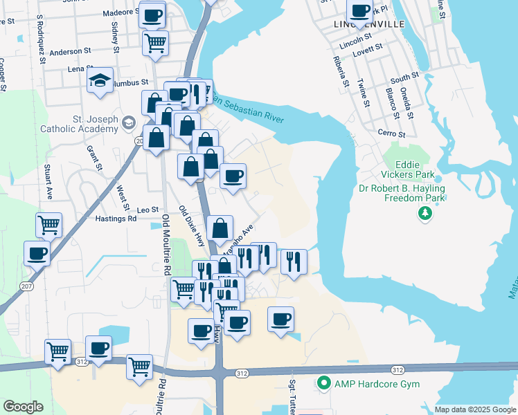 map of restaurants, bars, coffee shops, grocery stores, and more near 1490 Arapaho Avenue in St. Augustine
