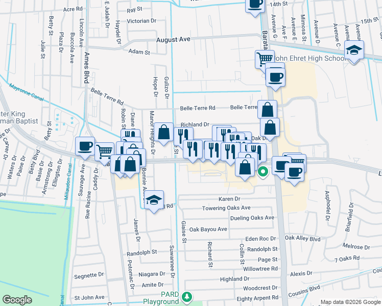 map of restaurants, bars, coffee shops, grocery stores, and more near 5200 Lapalco Boulevard in Marrero