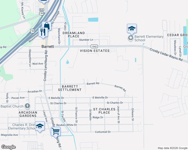 map of restaurants, bars, coffee shops, grocery stores, and more near 433 Barrett Road in Crosby