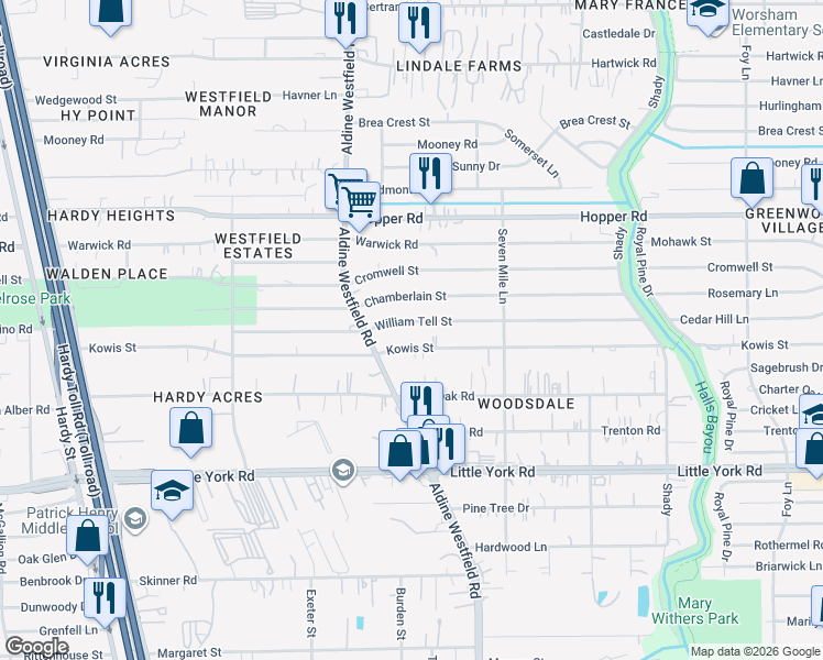 map of restaurants, bars, coffee shops, grocery stores, and more near 2207 Kowis Street in Houston