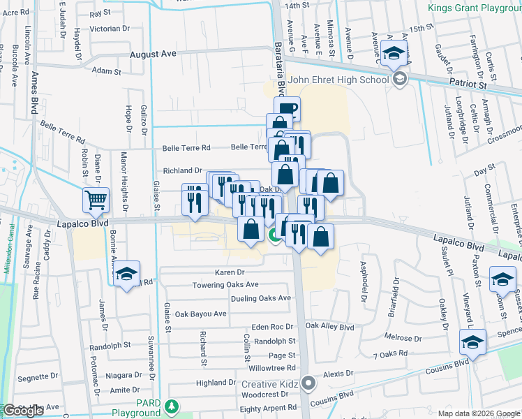 map of restaurants, bars, coffee shops, grocery stores, and more near 5054-5112 Lapalco Boulevard in Marrero