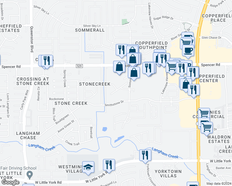 map of restaurants, bars, coffee shops, grocery stores, and more near 16347 Oakside Hollow Lane in Houston