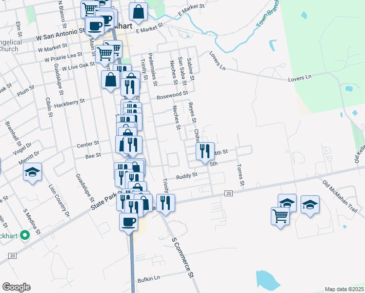 map of restaurants, bars, coffee shops, grocery stores, and more near 907 Neches Street in Lockhart