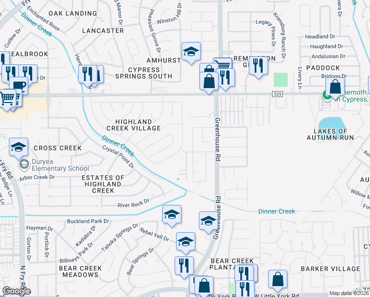 map of restaurants, bars, coffee shops, grocery stores, and more near 6703 Cypress Glades Drive in Katy
