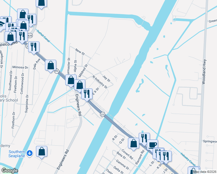 map of restaurants, bars, coffee shops, grocery stores, and more near 108 Louise Street in Belle Chasse