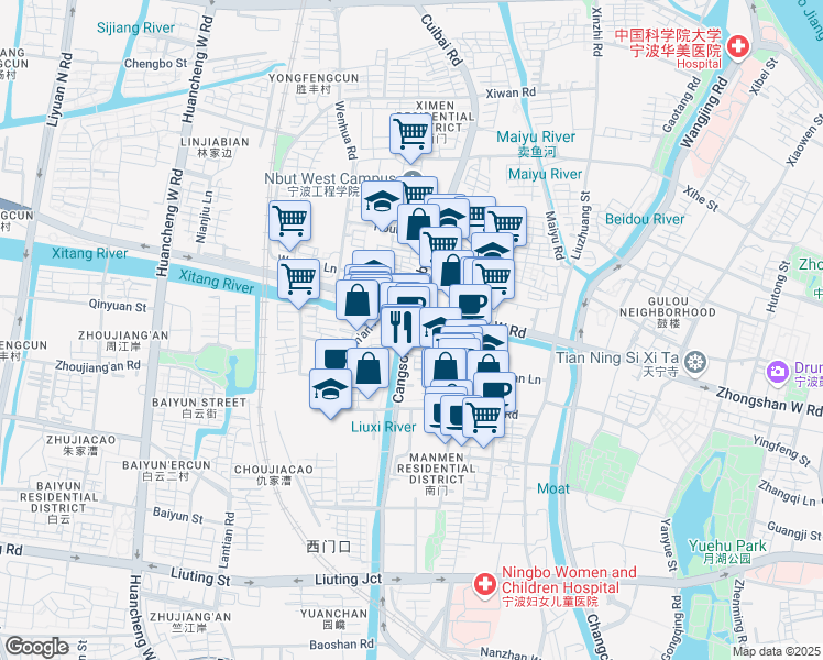 map of restaurants, bars, coffee shops, grocery stores, and more near 22号 Cangsong Road in Ningbo