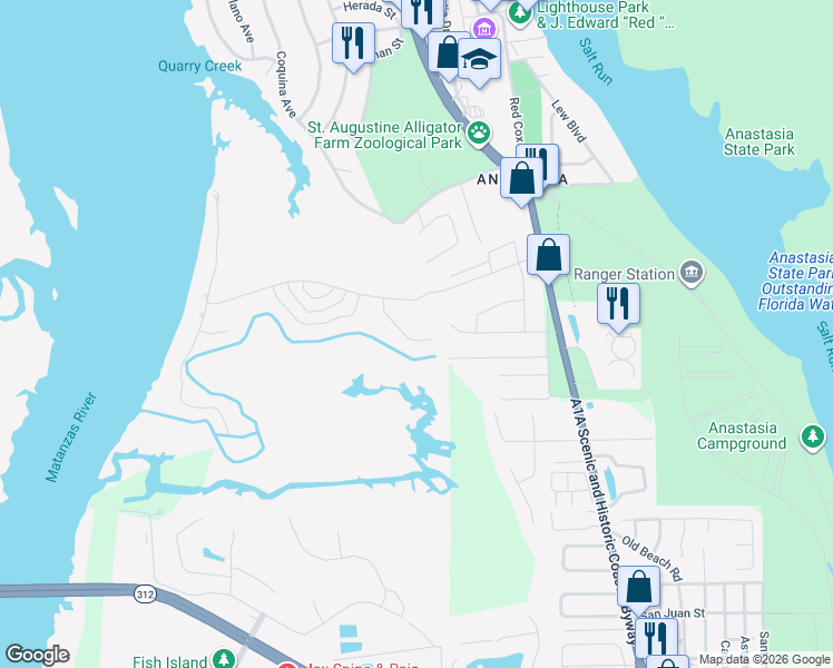 map of restaurants, bars, coffee shops, grocery stores, and more near 125 Spoonbill Point Court in St. Augustine