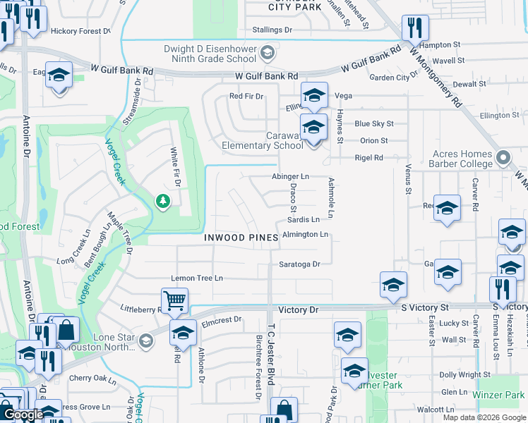 map of restaurants, bars, coffee shops, grocery stores, and more near 7707 Alperton Drive in Houston