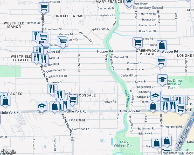 map of restaurants, bars, coffee shops, grocery stores, and more near 2535 Kowis Street in Houston