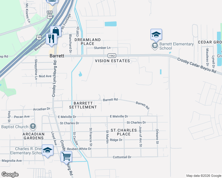 map of restaurants, bars, coffee shops, grocery stores, and more near 433 Barrett Road in Crosby