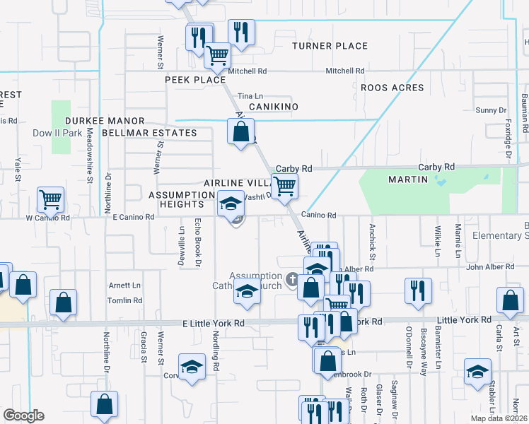 map of restaurants, bars, coffee shops, grocery stores, and more near 805 East Canino Road in Houston