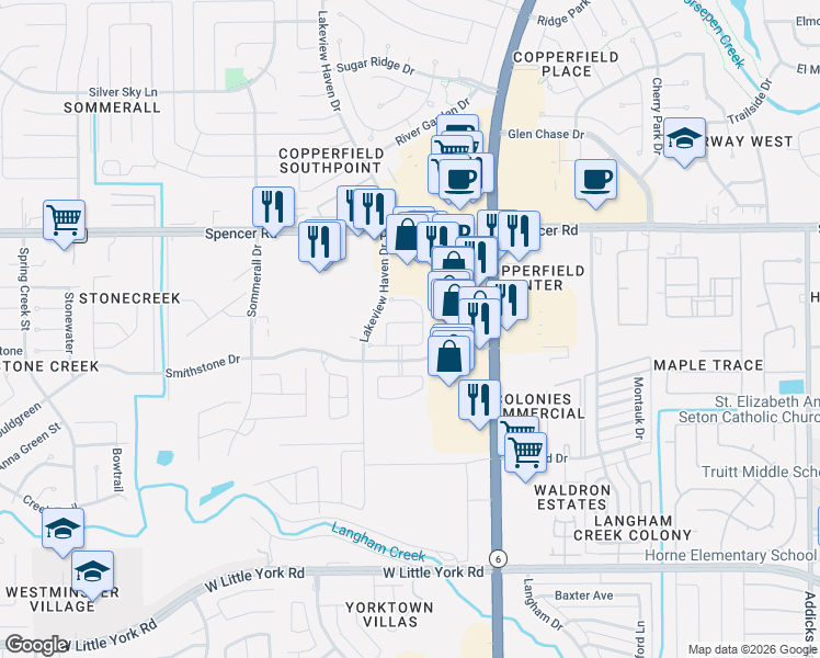 map of restaurants, bars, coffee shops, grocery stores, and more near 15842 Smithland Drive in Houston