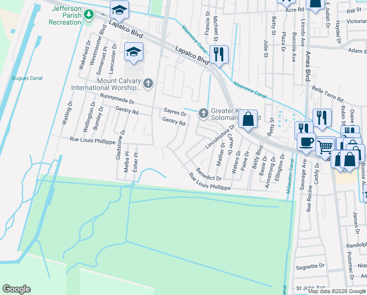 map of restaurants, bars, coffee shops, grocery stores, and more near 2081 Maharry Drive in Marrero