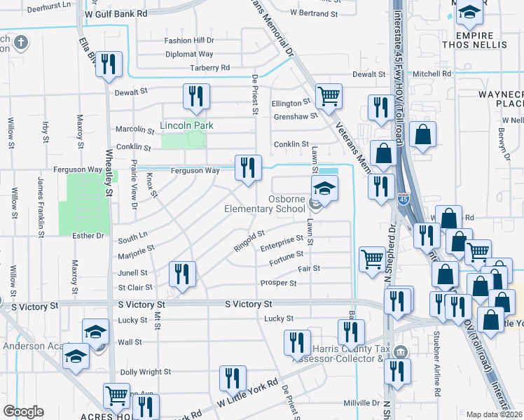 map of restaurants, bars, coffee shops, grocery stores, and more near 8015 De Priest Street in Houston