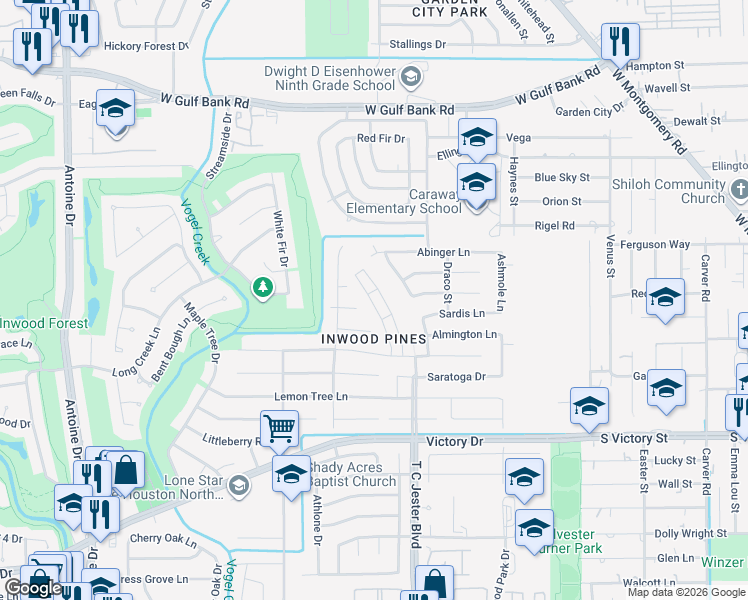 map of restaurants, bars, coffee shops, grocery stores, and more near 7707 Alperton Drive in Houston