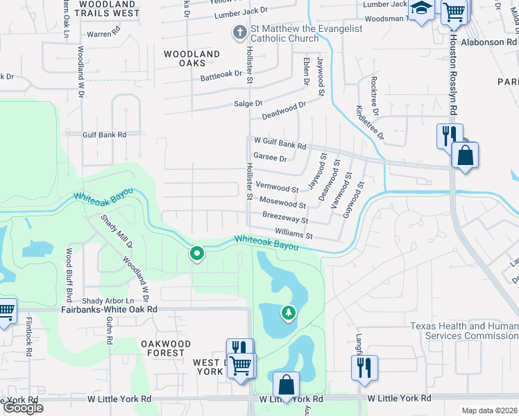 map of restaurants, bars, coffee shops, grocery stores, and more near 7723 Breezeway Street in Houston
