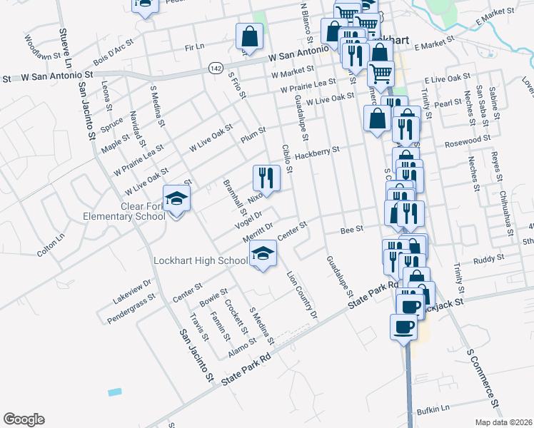 map of restaurants, bars, coffee shops, grocery stores, and more near 805 Merritt Drive in Lockhart