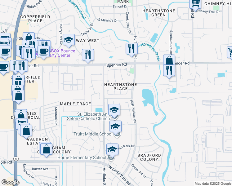 map of restaurants, bars, coffee shops, grocery stores, and more near 14839 Crimson Trail in Houston