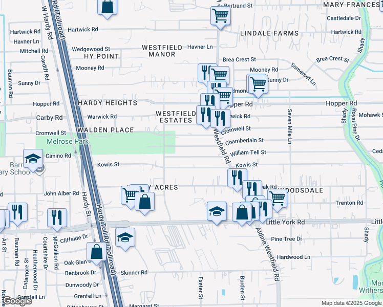 map of restaurants, bars, coffee shops, grocery stores, and more near 1826 William Tell Street in Houston