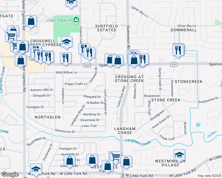 map of restaurants, bars, coffee shops, grocery stores, and more near 6710 Loch Langham Drive in Houston