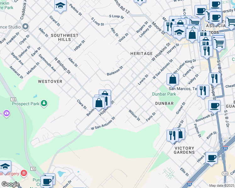 map of restaurants, bars, coffee shops, grocery stores, and more near 1131 Hopkins Street in San Marcos