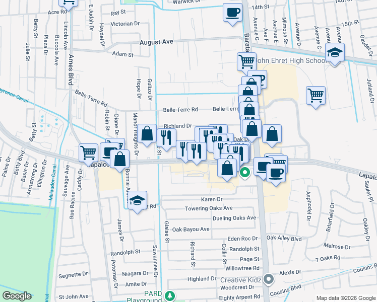 map of restaurants, bars, coffee shops, grocery stores, and more near 5200 Lapalco Boulevard in Marrero