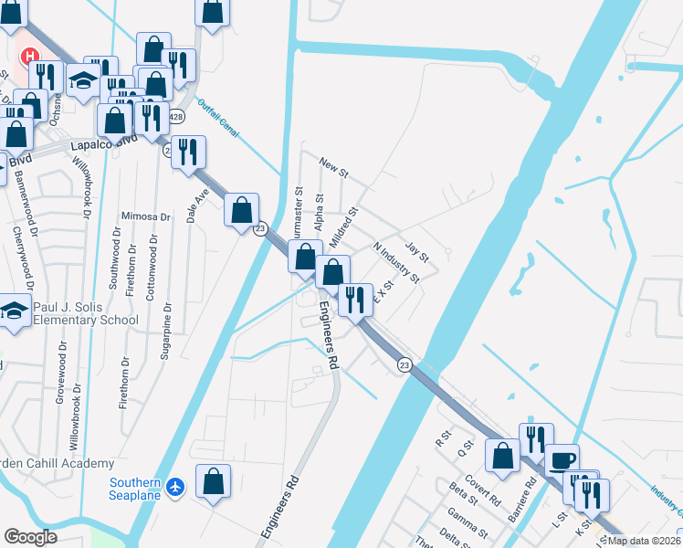 map of restaurants, bars, coffee shops, grocery stores, and more near 101 Planters Canal Road in Belle Chasse