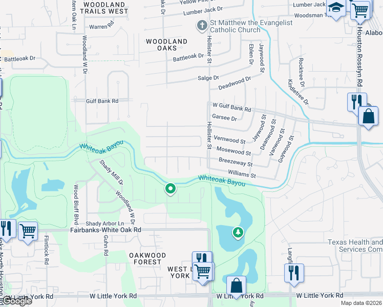 map of restaurants, bars, coffee shops, grocery stores, and more near 9223 Loren Lane in Houston