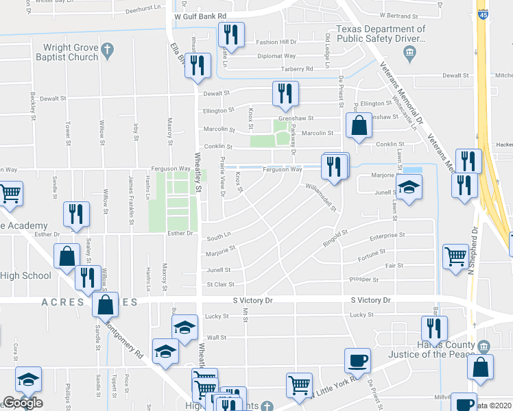 map of restaurants, bars, coffee shops, grocery stores, and more near 8304 Knox Street in Houston
