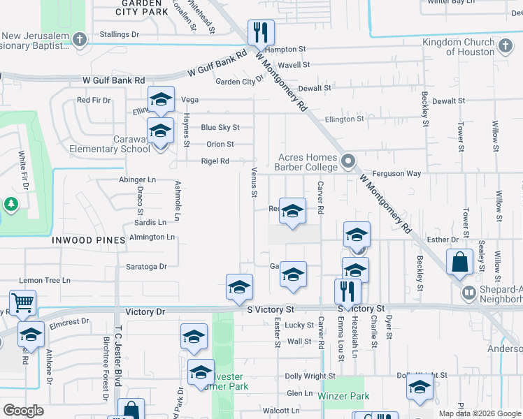 map of restaurants, bars, coffee shops, grocery stores, and more near 8212 Easter Street in Houston