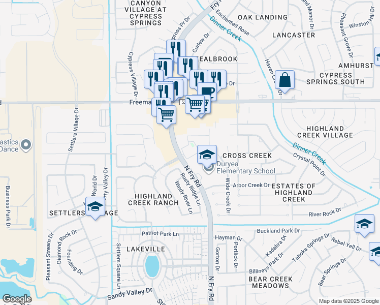 map of restaurants, bars, coffee shops, grocery stores, and more near 6810 North Fry Road in Katy