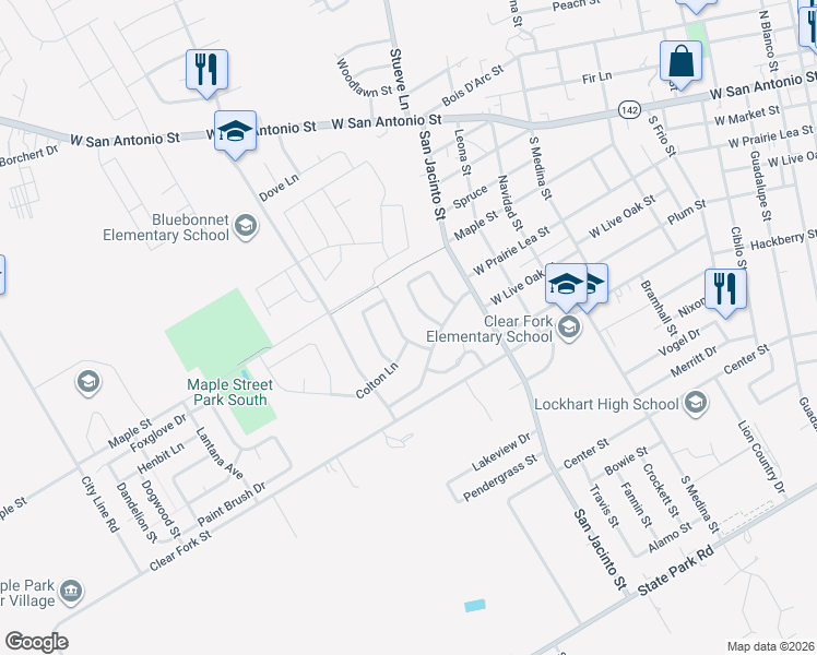 map of restaurants, bars, coffee shops, grocery stores, and more near 1316 Colton Lane in Lockhart