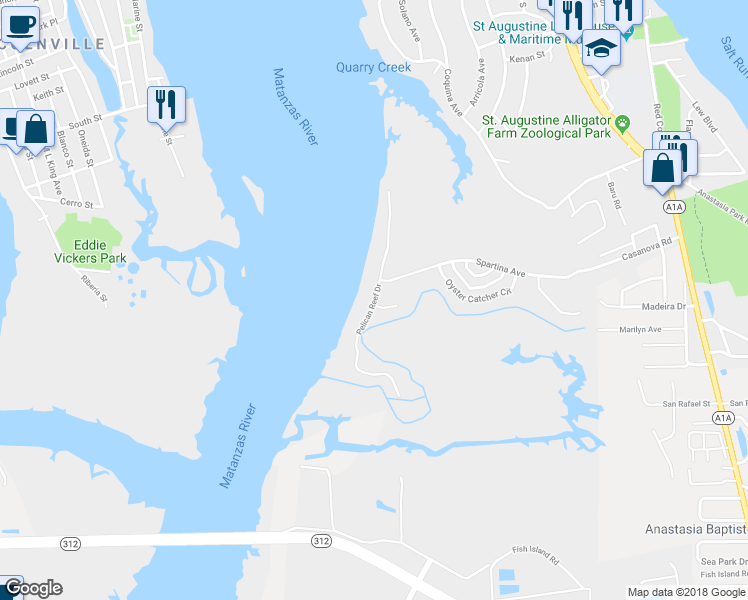 map of restaurants, bars, coffee shops, grocery stores, and more near 149 Pelican Reef Drive in Saint Augustine