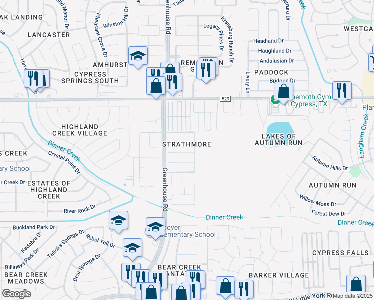 map of restaurants, bars, coffee shops, grocery stores, and more near 19210 Anthurium Court in Katy
