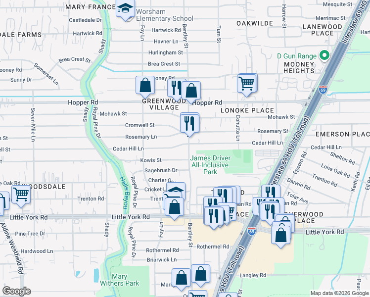 map of restaurants, bars, coffee shops, grocery stores, and more near 11002 Bentley Street in Houston