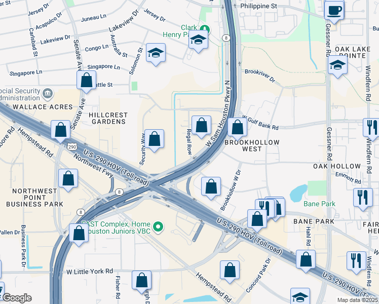 map of restaurants, bars, coffee shops, grocery stores, and more near 10335 Regal Row in Houston