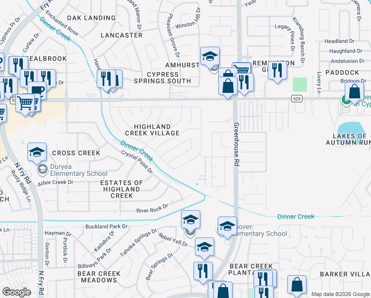 map of restaurants, bars, coffee shops, grocery stores, and more near 6739 Prairie Village Drive in Katy