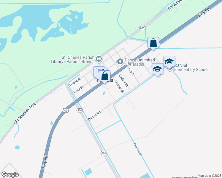 map of restaurants, bars, coffee shops, grocery stores, and more near 132 Travis Street in Paradis