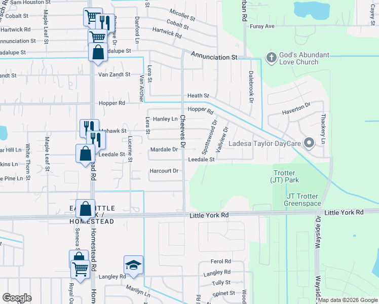 map of restaurants, bars, coffee shops, grocery stores, and more near 6518 Leedale Street in Houston