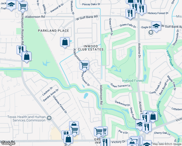 map of restaurants, bars, coffee shops, grocery stores, and more near 7215 Bayou Oaks Drive in Houston