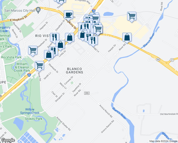 map of restaurants, bars, coffee shops, grocery stores, and more near 1303 Christopher Street in San Marcos