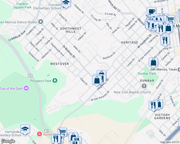 map of restaurants, bars, coffee shops, grocery stores, and more near 401 North Bishop Street in San Marcos